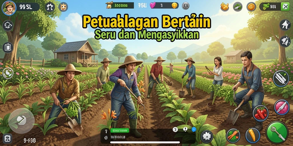 Screenshot gameplay 9SL menampilkan ladang yang subur dengan berbagai tanaman.