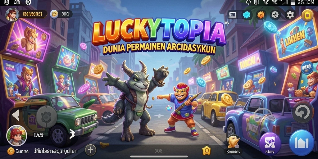 Tampilan gameplay seru di LUCKYTOPIA dengan karakter yang dinamis.