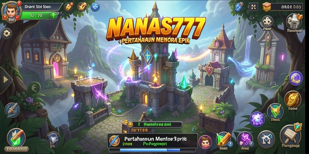 Tangkapan layar gameplay NANAS777 menampilkan pertahanan menara yang intens.