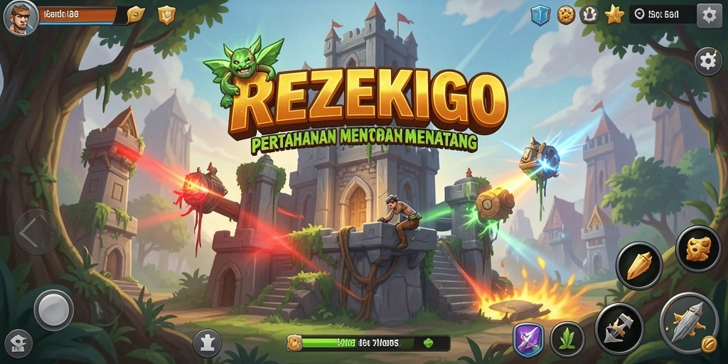 Tampilan gameplay Tower Defense yang seru dalam REZEKIGO.